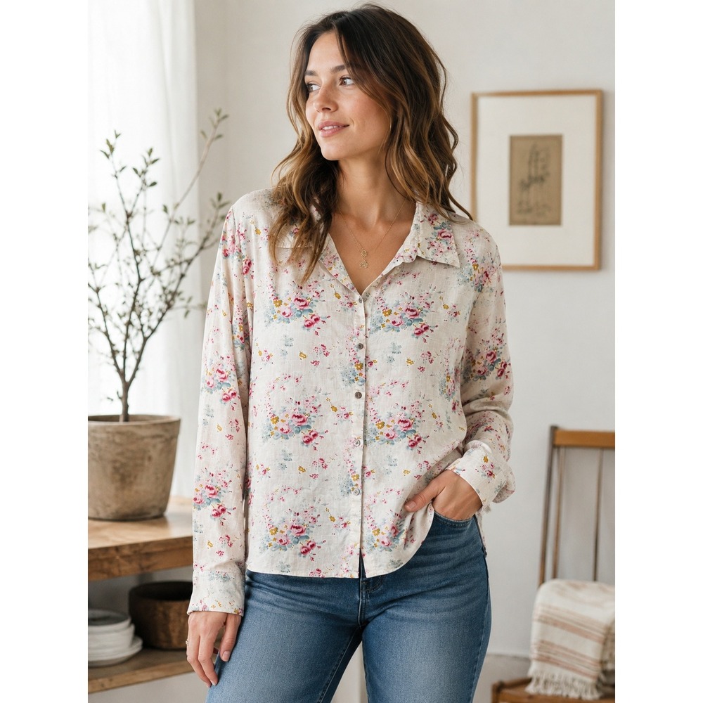 J. Jill Blouse Women Medium Tall Pink Floral Excellent Cotton Button Down Top
